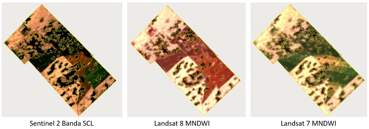 Water classification comparison across three satellite sources