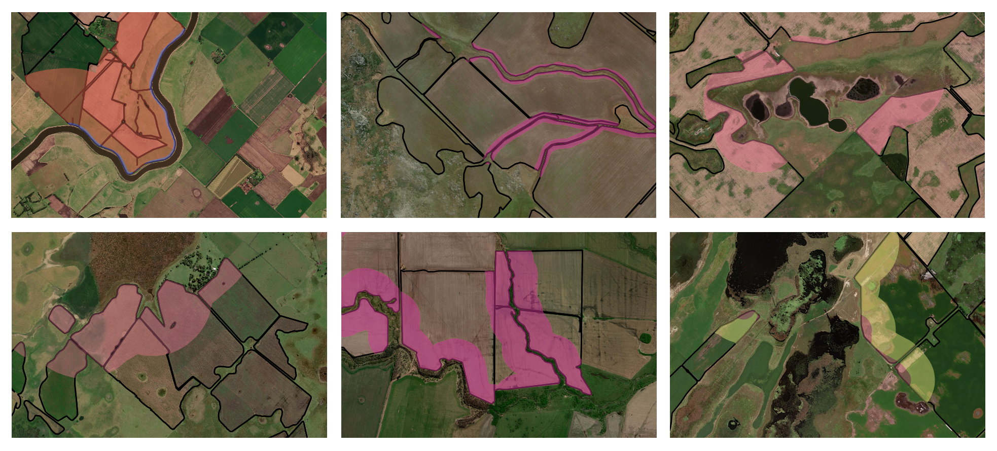 Distintas zonas de exclusión y amortiguación para aplicaciones terrestres y aéreas en distintos campos